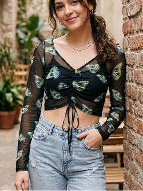 GLANCE Butterfly Print Sheer Mesh Ruched Crop Top Large